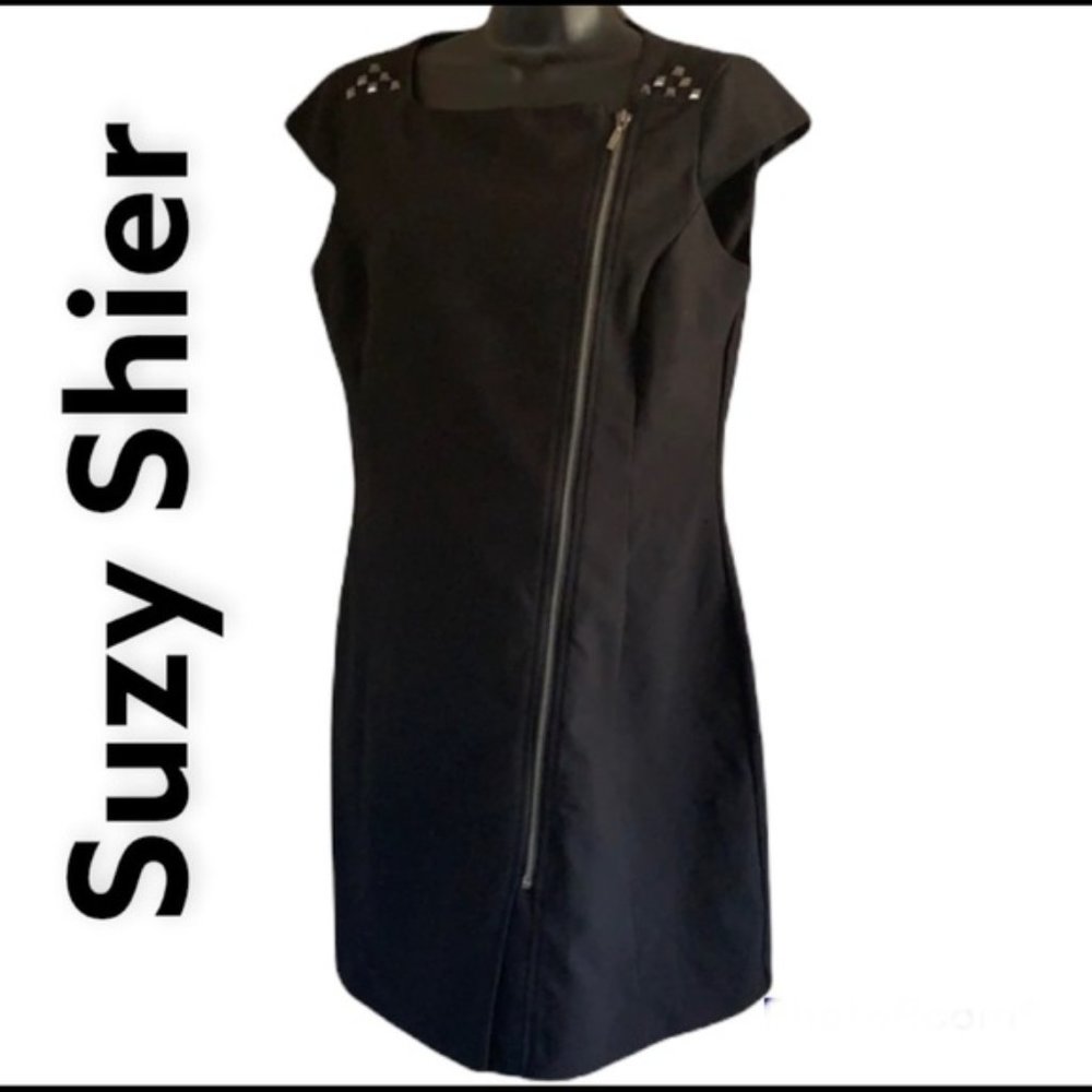 Suzy Sheir black short sleeve with silver zipper design dress size M
